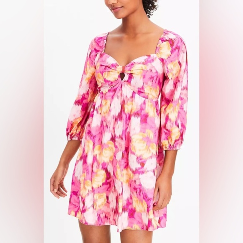 NWT Loft Floral‎ Ikat Knotted Balloon Sleeve Swing Dress -L